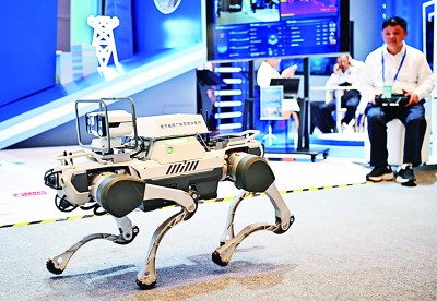  網(wǎng)絡(luò)安全博覽會(huì)上的企業(yè)展示電網(wǎng)巡線機(jī)器狗。新華社記者 鄧華攝